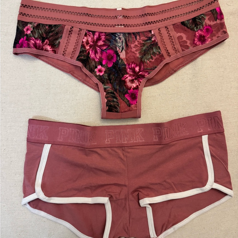 PINK Victoria’s Secret Floral Lace Cheekster + Logo Boyshort Set